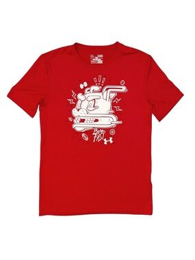 UNDER ARMOUR Boy's Red And White Graphic Short Sleeve Shirt Large 14/16